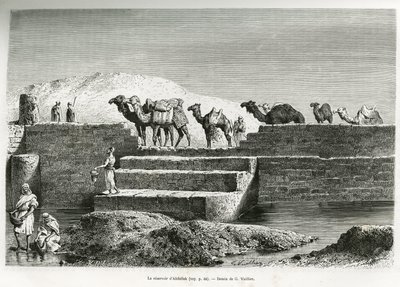 Nádrž Abdallah (Saúdská Arábie). Rytina G.Vuilliera pro ilustraci příběhu „“ pelerinage au Nedjed, kolébka arabské rasy“ od Lady Anny Blunt, v letech 1878-1879, publikovaná v Tour du monde, pod vedením Edouarda Chartona (1807- 18 od Gaston Vuillier