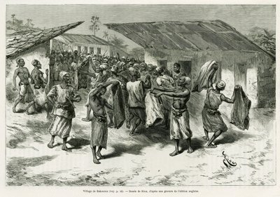 Ve vesnici Bakourou jsou domorodým obyvatelům nabízeny dárky pro mírová jednání. Rytina G.Vuilliera pro ilustraci příběhu Dans les tenebres de l