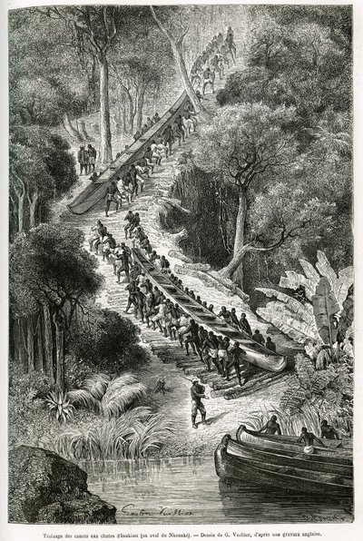 Tažení kánoí u vodopádů Innkissi (nebo Livingstone Falls) (Kongo), pod vedením sira H.M.Stanleyho (1841-1904), kresba G.Vuilliera, pro ilustraci příběhu „Through the Mysterious Continent“, plavba uskutečněná v letech 1874 -1877, Sir H.M.Stanley. E od Gaston Vuillier