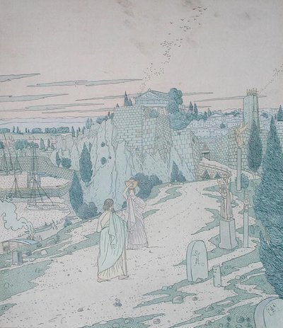 Ulysses se setkává s bohyní Minervou převlečenou za dívku se džbánem, ilustrace z 6. knihy Odyssey, přeložil Lecomte de l