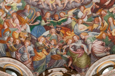 Detail Nanebevzetí Panny Marie, známého jako „Hudební sbor andělů“, Dóm transeptu, z roku 1534 (freska) od Gaudenzio Ferrari