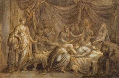 Andromache Mourning the Death of Hector, 1760-63 (pero a inkoust a pero na papíře) od Gavin Hamilton