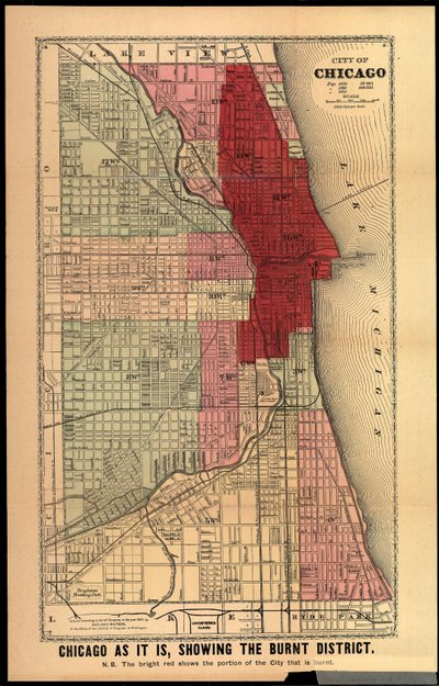 Chicago As It Is, Showing the Burnt District, from History of the Great Fires in Chicago and the West od Edgara Johnsona Goodspeeda, vydáno Chicago, 1871 (ručně kolorované lito) od Gaylord Watson