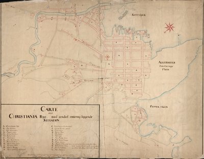 Norský bokmål: Mapa z mapové sbírky Národní knihovny. Mapa byla zveřejněna v Håndtegnet (1649) a ukazuje Christiania od Geelkerck