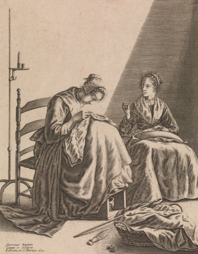 Dvě ženy šití, talíř 1 z Five Feminine Occupations, ca. 1640-57. od Geertruydt Roghman