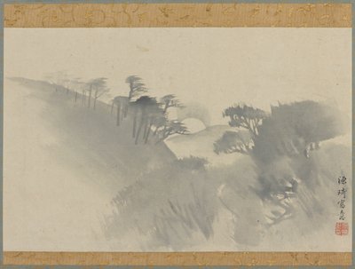 Krajina s kopcem, stromy a východem měsíce, období Edo, 1747-1868. od Genki
