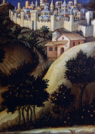 Oltářní obraz Klanění mudrců, detail středového panelu predely z Egypta od Gentile da Fabriano