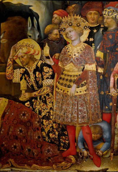 Oltářní obraz Klanění tří králů (Pala Strozzi) Detail představující dva krále. Obraz Gentile da Fabriano (Gentile di Niccolo) (1370-1427) 1423 Sun. Rozměr 173 x 220 cm. Tempera na dřevě. Florencie, Galleria degli Uffizi (Uffizi) od Gentile da Fabriano