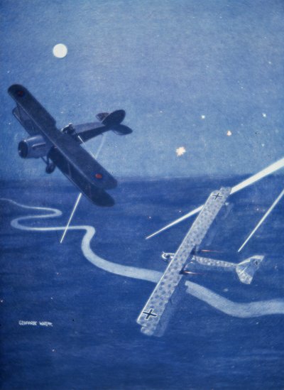 Stíhačka Bristol útočí v noci nad Londýnem na německý bombardér Gotha (barevně lito) od Geoffrey Watson