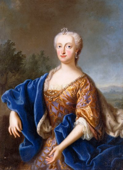 Portrét Marie Amálie, stojící tříčtvrteční, na sobě vyšívané šaty (olej na plátně) od Georg (circle of) Desmarees