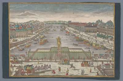Pohled na Pont Neuf přes řeku Seinu v Paříži, při pohledu na Pont Royal Gesicht der Neuen Bruck, gegen der Königl. Bruck zu Paris od Georg Balthasar Probst (possibly)