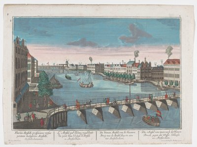 Pohled na Binnen-Amstel mezi Blauwbrug a Hogesluis v Amsterdamu Die Amstel von innen nach der blauen Brücke gegen der Wasser Schleuße zu Amsterdam (název na objektu) Amsterdam (název série) od Georg Balthasar Probst