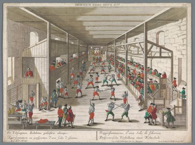 Pohled na školu šermu Perspectivische Vorstellung einer Fechtschule (název na objektu) Turnajové a šermířské školy (název série) od Georg Balthasar Probst