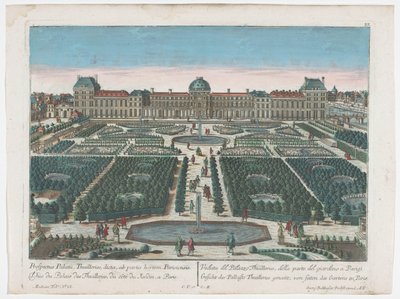 Pohled na Palais des Tuileries v Paříži z Jardin des Tuileries Gesicht des Pallasts Thuilleries genannt, von seiten des Gartens zu Paris (název na objektu) Paris (název série) od Georg Balthasar Probst