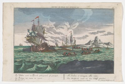 Pohled na veslování velryb k lodím Der Wallfisch wird an das Schiff gerudert (název na objektu) Lov velryb u Grónska (název série) od Georg Balthasar Probst