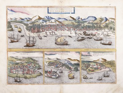 Pohled na Kalkatu v Indii a pod menšími pohledy na Ormuz u vstupu do Perského zálivu, Canonor v Indii a portugalskou pevnost El Mina v západní Africe, 1572 od Georg Braun