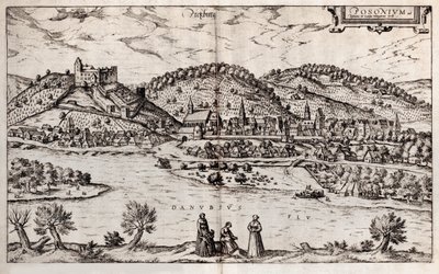 Pressburg Bratislava. Z: Terárium Civitates orbis, 1588 od Georg Braun und Franz Hogenberg