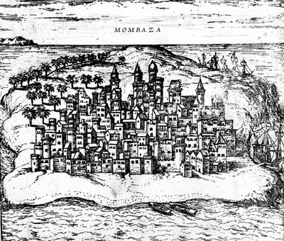 Pohled na Mombazu z knihy Georga Braunse Civitates orbis terrarum, vydané v roce 1572 detail rytiny 483404 od Georg Braun und Franz Hogenberg