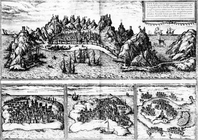 Pohledy na Aden, Mombazu, Quiloa a Cefalu z knihy Georga Brauna „Civitates orbis terrarum“, publikované v roce 1572 od Georg Braun und Franz Hogenberg