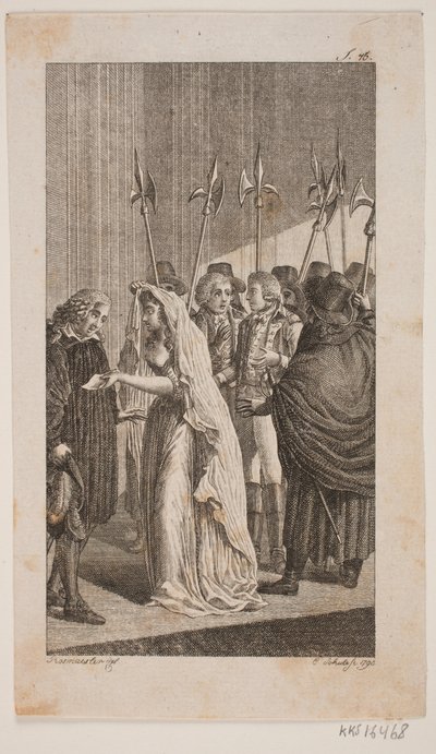 Ilustrace mladé dámy dává dopis staršímu muži. V pozadí dva pánové obklopení městskými strážemi od Georg Christian Schule