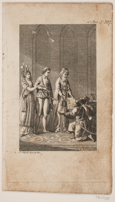Ilustrace s mladým párem s orientálním a třemi klečícími tureckými vojáky od Georg Christian Schule