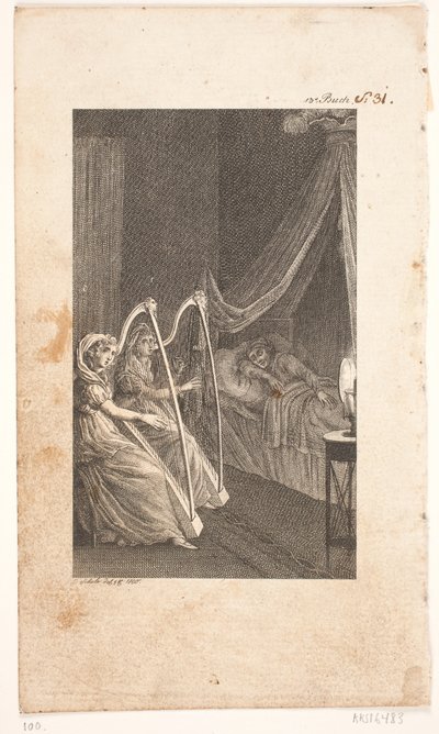 Ilustrace s hráči na harfu od Georg Christian Schule