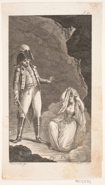 Ilustrace s důstojníkem a klečící dámou od Georg Christian Schule
