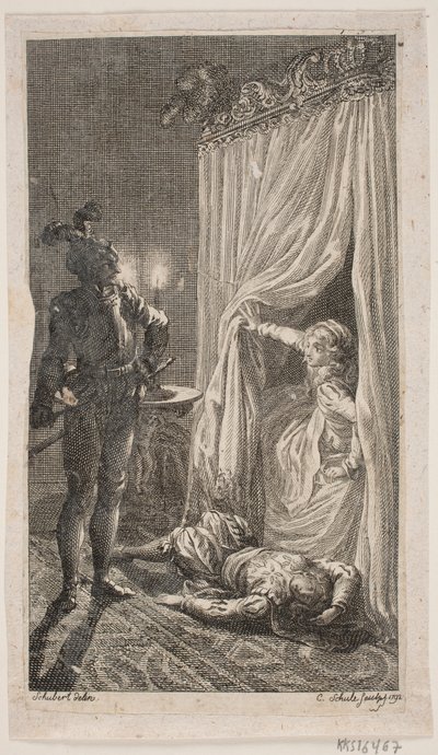Ilustrace s ložnicovou scénou od Georg Christian Schule