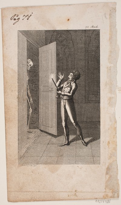 Ilustrace s mladým mužem a kostrou od Georg Christian Schule