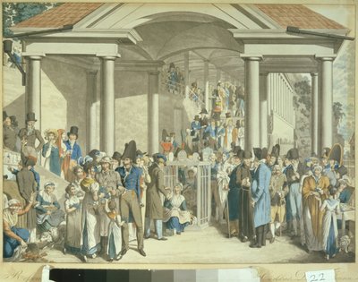 Zdravotní obec u kašny Karlsbader, 1810 (kresba akvatinta) od Georg Emanuel Opitz