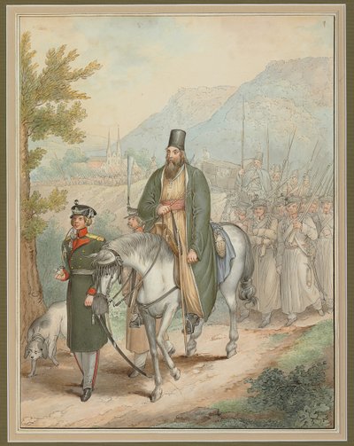 Ruští vojáci doprovázející kněze na koni, od Georg Emanuel Opitz