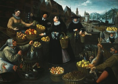 Alegorie podzimu: stánek s ovocem a zeleninou nad Weinmarktem ve Frankfurtu, od Georg Flegel