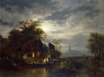 Scéna na řece osvětlené měsícem s postavami vykládajícími loď od Georg Gillis van Haanen