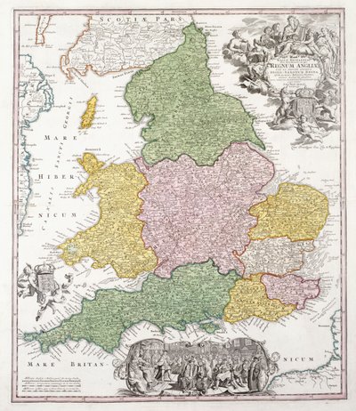 Mapa Anglie, 1760 od Georg Matthäus Seutter