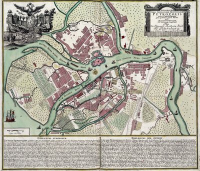 Mapa Petrohradu (Rusko) - dílo Matthaeuse Seuttera (1678-1757), rytina a akvarel od Georg Matthäus Seutter