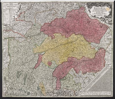 Mapa Bavorska, kolem roku 1757 (barevná rytina) od Georg Matthäus Seutter