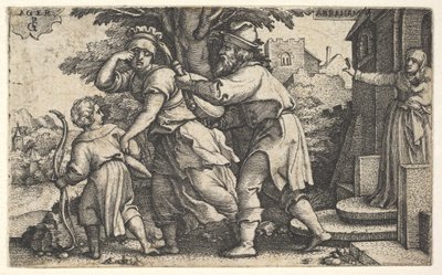 Abraham posílá pryč Hagar a Ismaela: Abraham drží nádobu jako Hagar a Ishm..., ca. 1543. od Georg Pencz