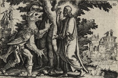 Kristus pokoušený ďáblem v poušti (rytina na položený papír) od Georg Pencz