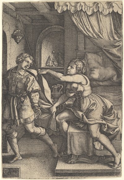 Josef odchází od Putifarovy ženy, která při sv..., 1546, svírá oběma rukama jeho plášť. od Georg Pencz