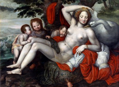 ""Leda a labuť"" - Leda a labuť od Pencz, Georg (Jorg) (1500/02-1550), polovina 16. století. - Olej na dřevě, 92x126 - Muzeum na louce, Madrid od Georg Pencz