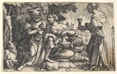 Lot a jeho dcery: dcera uprostřed spočívá pravou paží na Lotově koleni a..., ca. 1531. od Georg Pencz