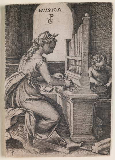 Musica, z cyklu "Svobodná umění", asi 1541 (rytina) od Georg Pencz