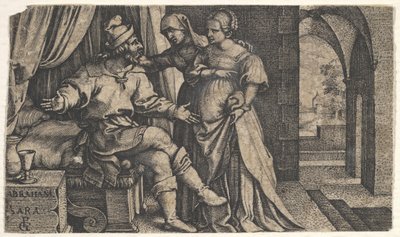 Sarah představuje Hagar Abrahamovi, který sedí u nohou postele, ze série The..., ca. 1543. od Georg Pencz