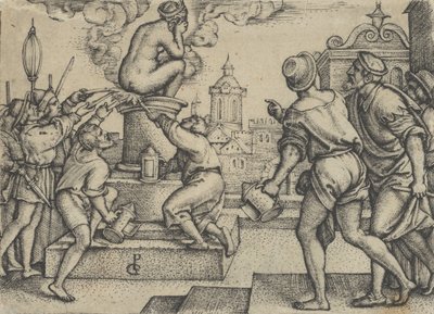 Kurtizána potrestána, z Příběhu kouzelníka Virgila. od Georg Pencz