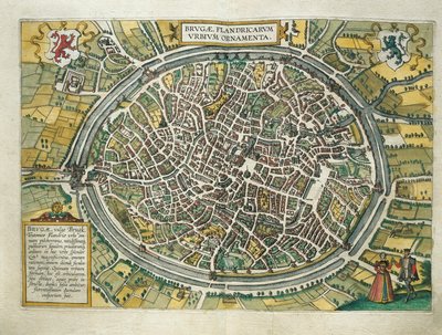 Belgie, mapa Brugg z Civitates Orbis Terrarum od Georga Brauna (1541-1622) a Franze Hogenberga (1540-1590), Kolín nad Rýnem, rytina od Georg Braun and Hogenberg Franz