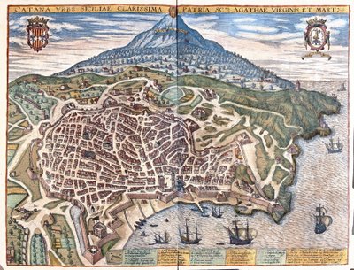 Catania, s Etnou v pozadí, Sicílie, Itálie (rytina od Georg Braun and Hogenberg Franz