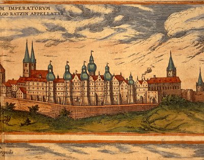 Česká republika, Praha, Pohled na palác, barevná rytina z Civitates Orbis Terrarum od Georga Brauna (1541-1622) a Franze Hogenberga (1535-1590) od Georg Braun and Hogenberg Franz