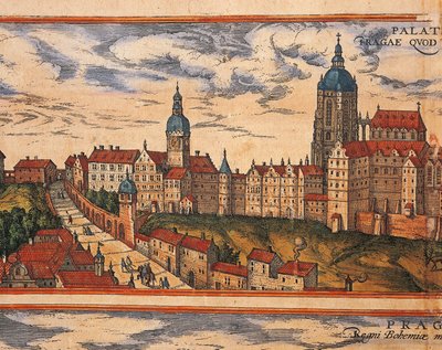 Česká republika, Praha, Pohled na citadelu, barevná rytina z Civitates Orbis Terrarum od Georga Brauna (1541-1622) a Franze Hogenberga (1535-1590) od Georg Braun and Hogenberg Franz
