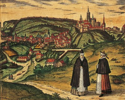 Česká republika, Praha, Pohled na město s citadelou v pozadí, barevná rytina z Civitates Orbis Terrarum od Georga Brauna (1541-1622) a Franze Hogenberga (1535-1590) od Georg Braun and Hogenberg Franz