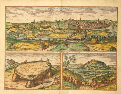 Dolmen poblíž Poitiers a města Poitiers a Montherre z Civitates Orbis Terrarum od Georga Brauna od Georg Braun and Hogenberg Franz